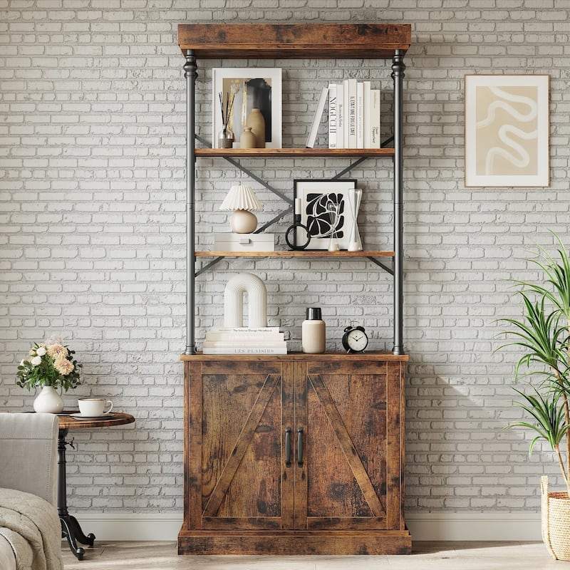 73''H Industrial Floor Standing Bookcase with Doors 5 Story Display Storage