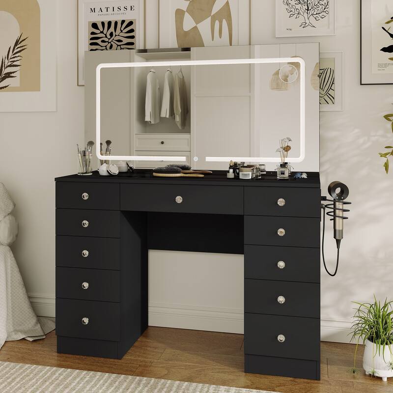 Makeup Desk with Large Mirror & 11-drawer - Black