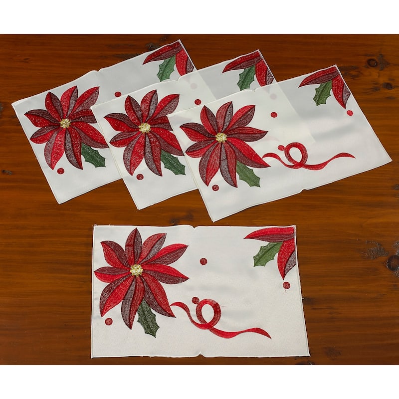 Violet Linen Seasonal Bloomy Christmas Embroidered Poinsettias, Set of 4, Decorative Place Mats - 12" X 18" - Ivory