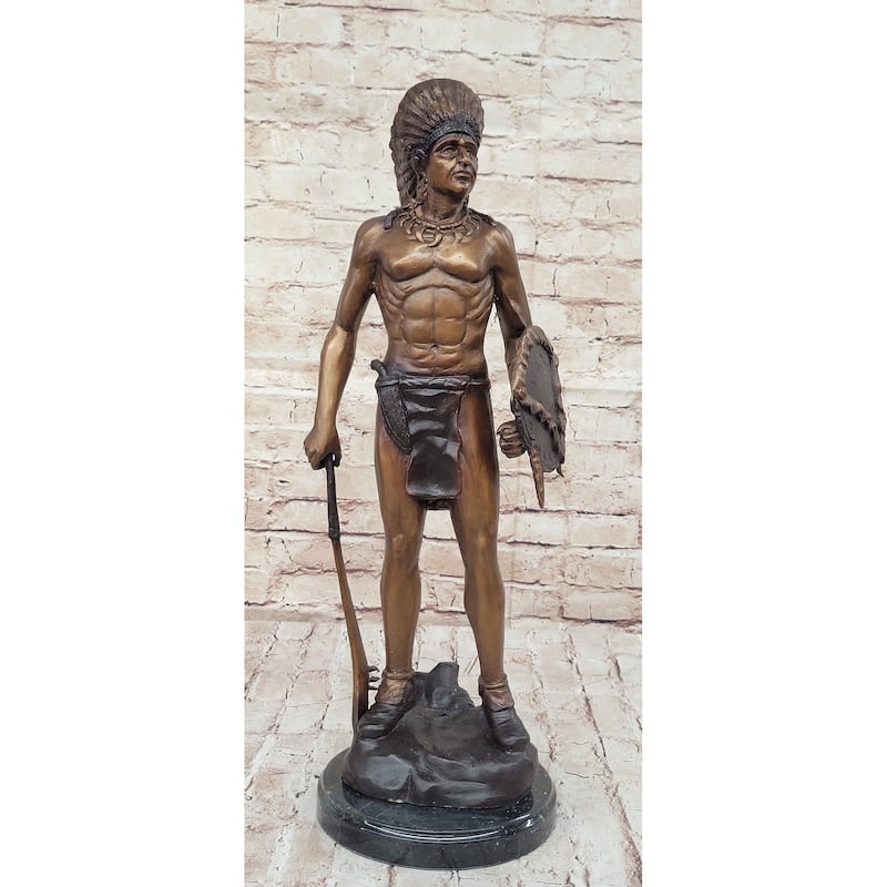 Native American Indian Warrior Bronze Metal Statue Sculpture On Marble Base Cm Russell