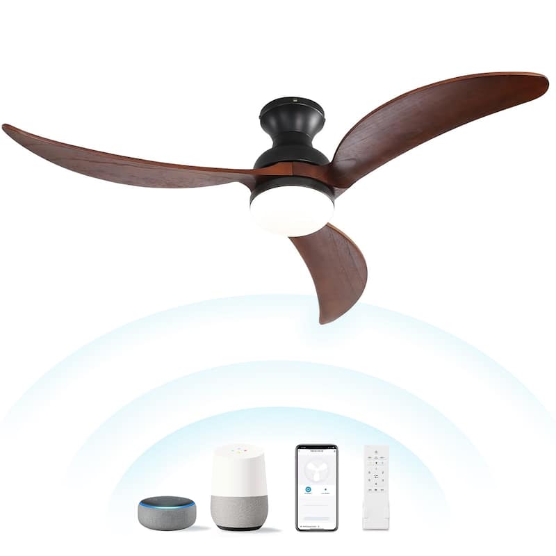 Sofucor 52inch Smart-controlled Flush-mount Ceiling Fan with Streamlined Curved Blades, Remote Control, and Dimmable LED Light - Black with Walnut Blades