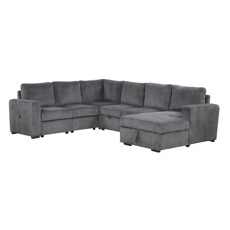115.6" Corduroy U-Shaped Sectional Sofa with Pull-out Bed, Storage & USB Ports