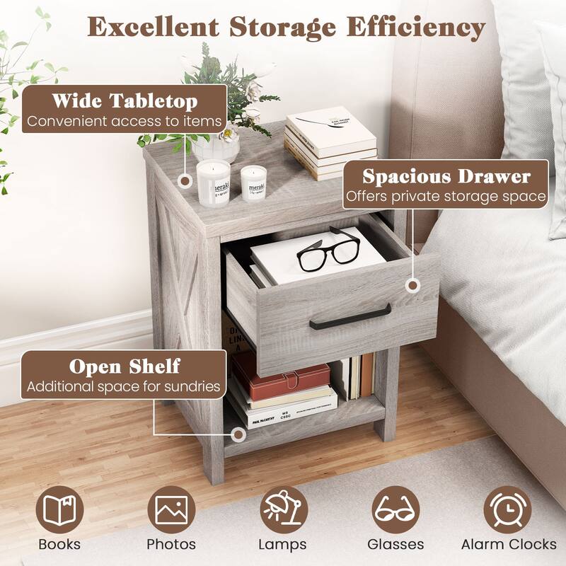 Gymax 2PCS Nightstand Sofa Side Table Rustic End Table w/Drawer Shelf