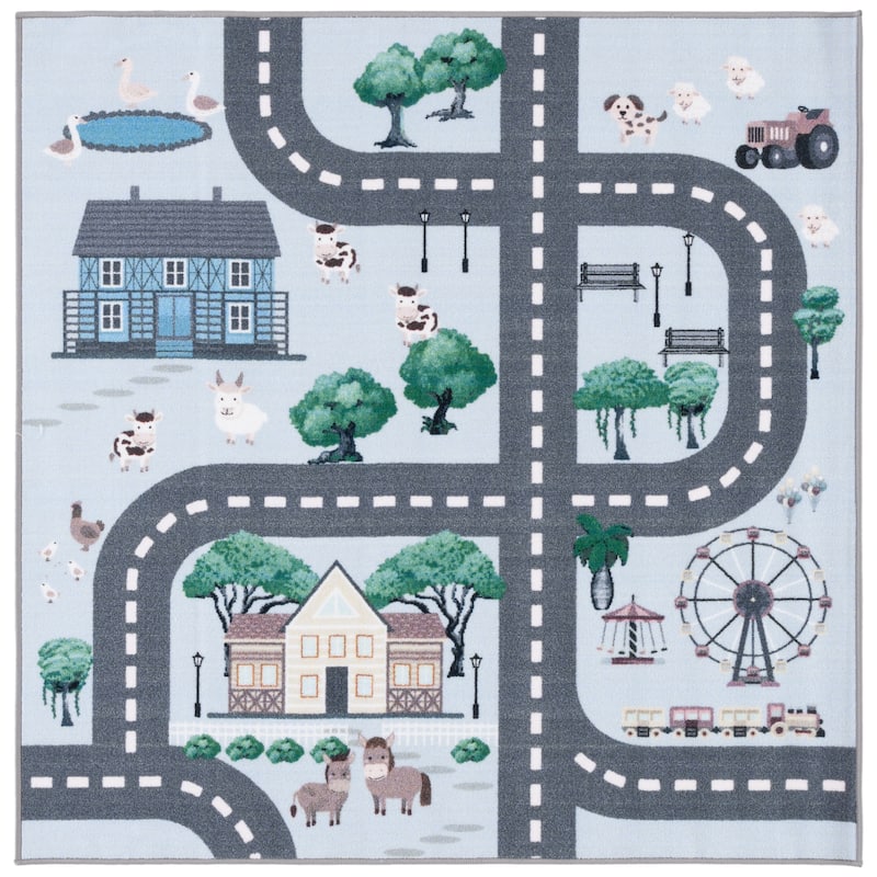 SAFAVIEH Kids Playhouse Machine Washable Slip Resistant Merrilee Neighborhood - 5' x 5' Square - Blue/Dark Grey - Square