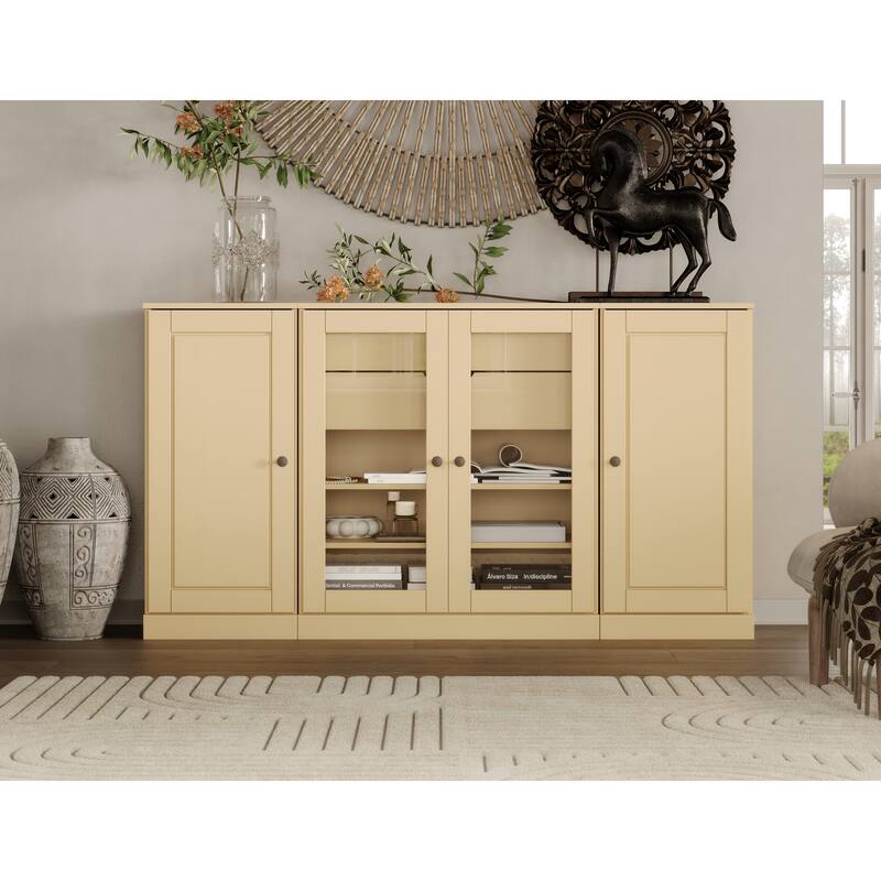 Palace Imports 100% Solid Wood 65" Sideboard with Solid, Clear Glass Doors, 2-Drawers and Adjustable Shelves - Yellow