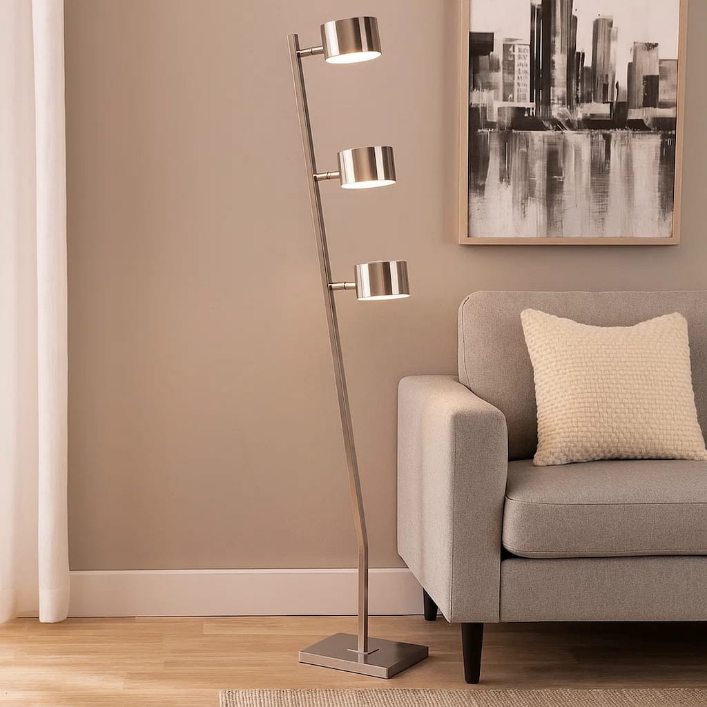 60 Inch Floor Lamp, 3 Drum Metal Shades, Modern Style, Silver Frame