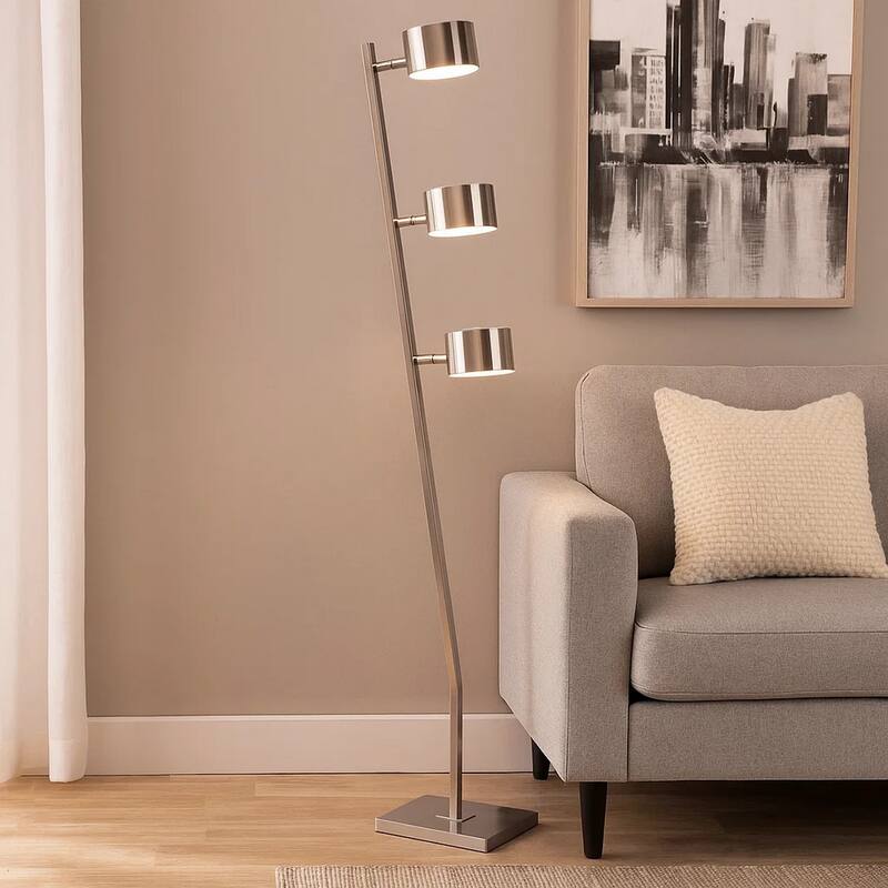 60 Inch Floor Lamp, 3 Drum Metal Shades, Modern Style, Silver Frame