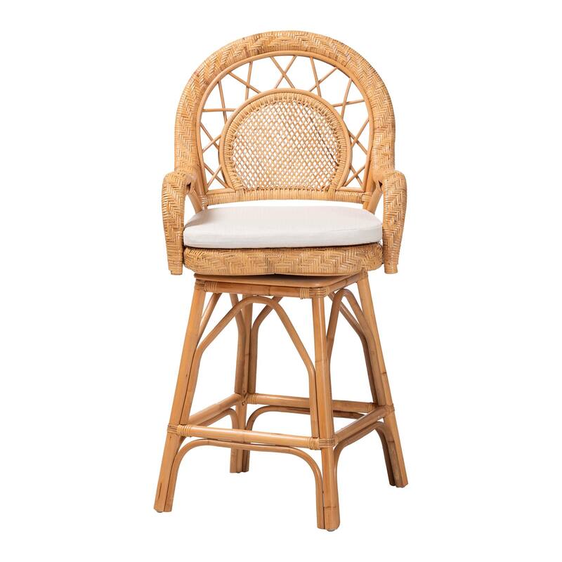 Adam Natural Rattan Counter Stool with Cushion - Handwoven Wicker Swivel Bar Chair for Kitchen Island or Lounge Area