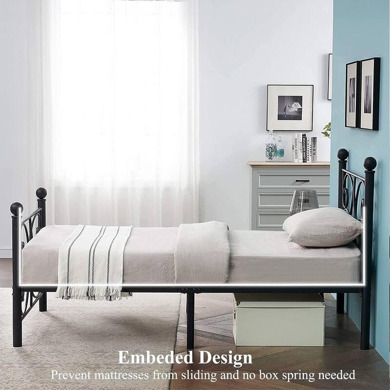 VECELO Metal Black Bed Frame With Headboard, 12" Under-Bed Space