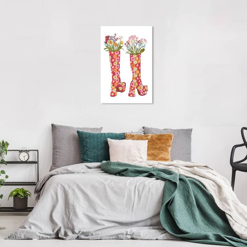 Wynwood Studio Canvas Fashion and Glam Floral Boots Red and Modern & Contemporary Wall Art Canvas Print - 24 x 16