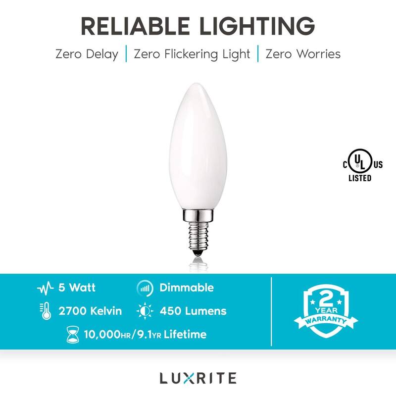 Luxrite 5W Frosted E12 LED Bulb 60W Equivalent, 2700K Warm White, 450 Lumens, Dimmable Candelabra LED Bulbs (6 Pack)