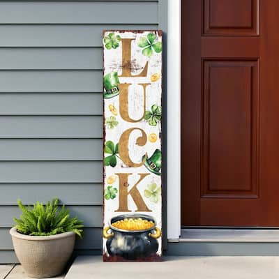 HomeRoots 36" White Gold And Green Solid Wood Luck St Patrick's Day Porch Sign