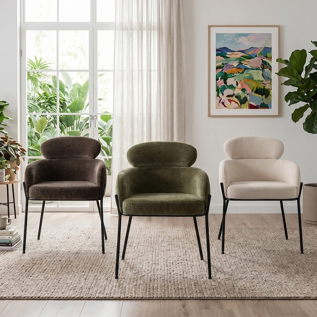 Modern Upholstered Dining Chairs With Curved Back & Black Metal Legs (Set of 2)