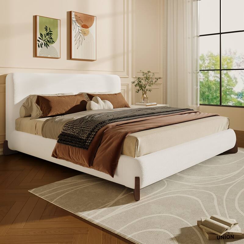 Roomfitters King Boucle Upholstered Bed Frame with Wood Legs, White - White, Dark Brown Legs