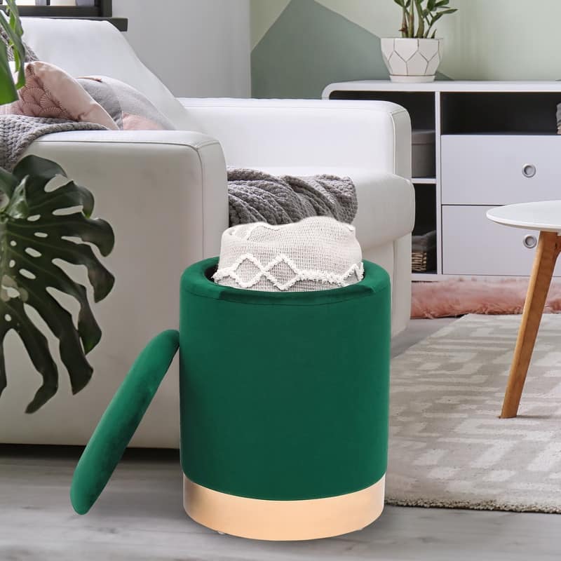 Adeco Round Storage Ottoman Footrest Stool Velvet Gold Plating Base