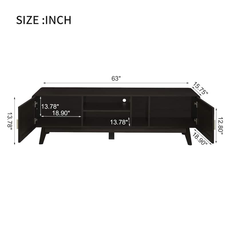 63" Dark Rattan TV Stand with 2 Storage Cabinets for 65 Inch TV, Entertainment Center Media Console Table
