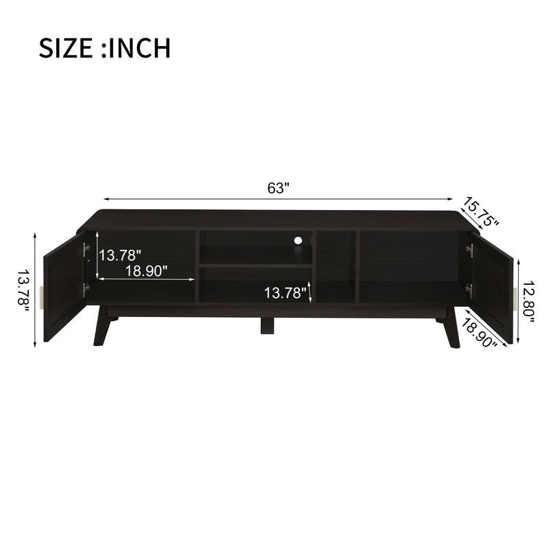 Dark Rattan TV Stand with 2 Storage Cabinets for 65 Inch TV, Entertainment Center with Solid Wood Legs, Media Console Table