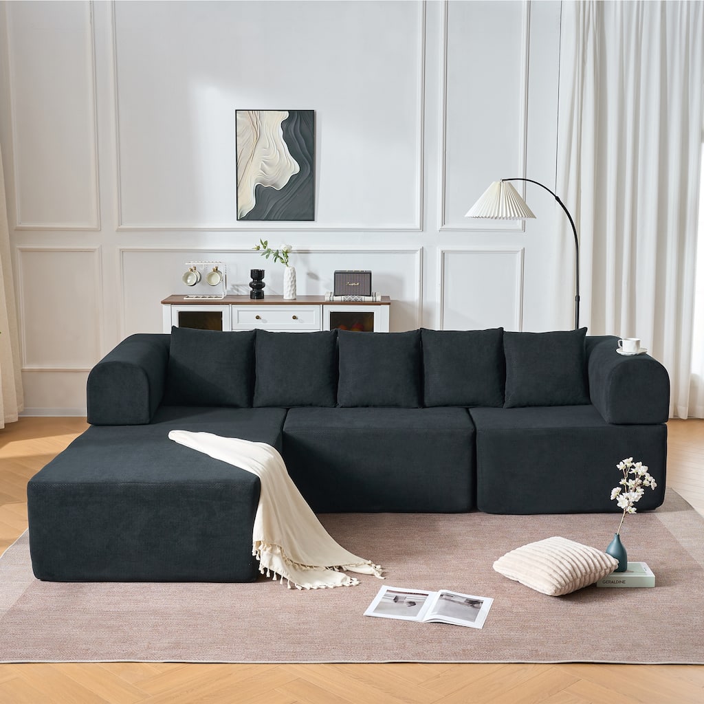 Modular Chaise Sectional Sofa, Convertible Velvet Compressed Couch with Removable Armrests, Iron Frames and Non-slip Pads
