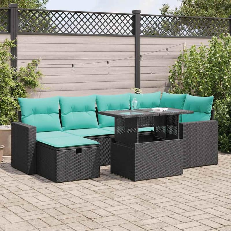 vidaXL Patio Sofa Set with Cushions and Table Outdoor Garden 7 Piece Poly Rattan - Black with storage - 21.7" x 24.4" x 27.2"