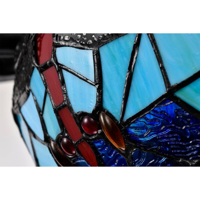 Pluvey 52-Inch Flushmount Lighted Ceiling Fan Blue Red Draginfly Tiffany Glass Lamp Black Finish