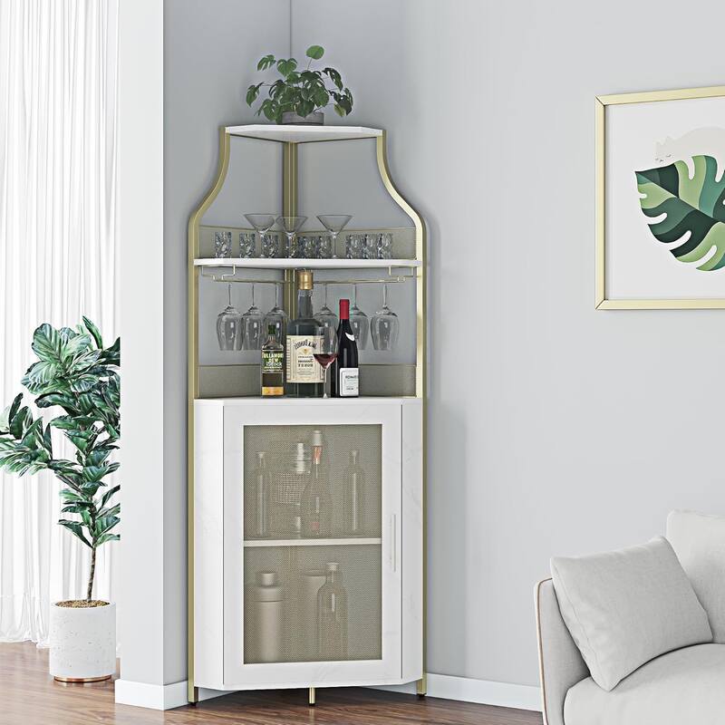 Corner Wine Cabinet with Detachable Wine Rack, 5-Tier Industrial Corner Bar Cabinet - Gold