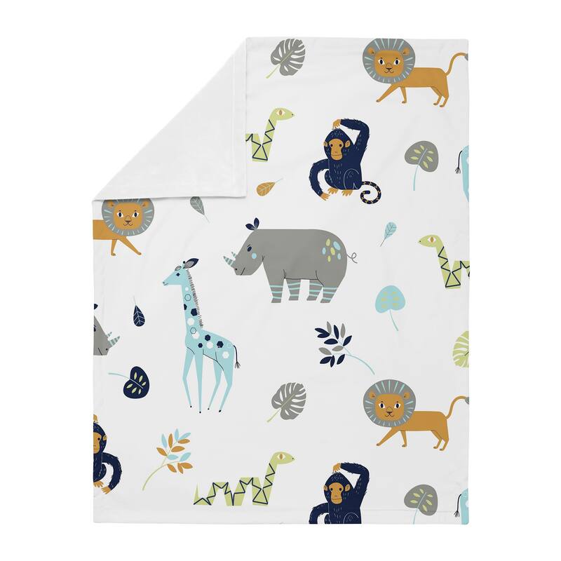 Safari Animals Collection Boy Baby Receiving Security Swaddle Blanket - Turquoise and Navy Blue Mod Jungle Lion Monkey Giraffe