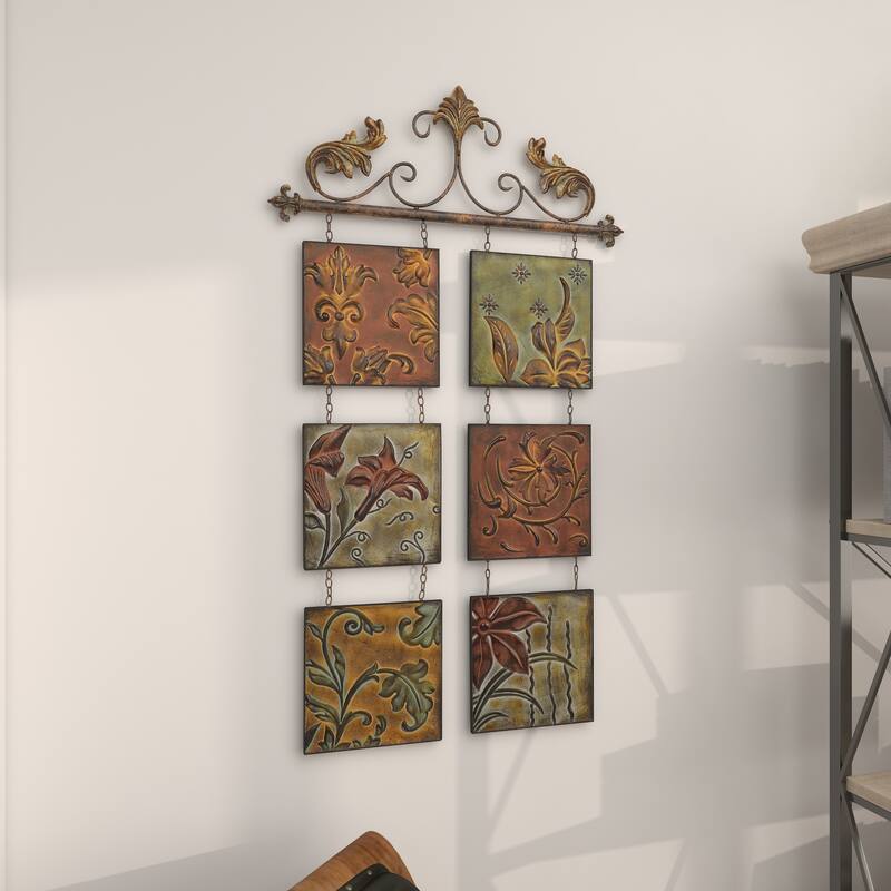Multi Colored Metal Embossed Floral Home Wall Decor with 6 Suspended Panels and Scroll Details