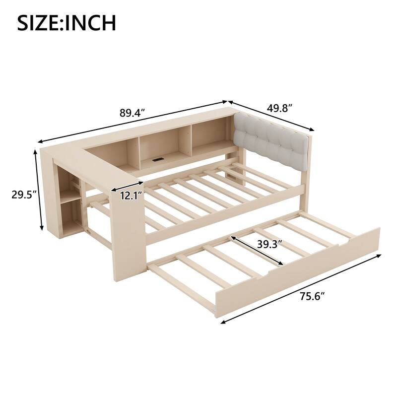 Roomfitters Twin/Full Wood Platform Bed with Trundle, Charging Station and Upholstered Headboard