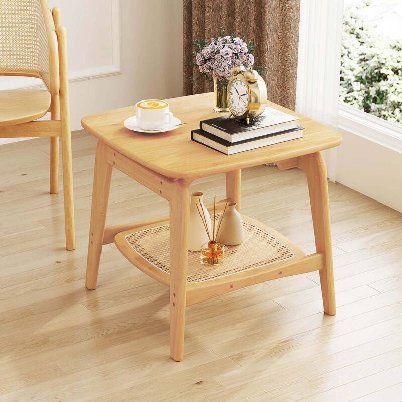 Costway 1/2 PCS Bamboo Sofa Side Table with Faux Rattan Storage Shelf