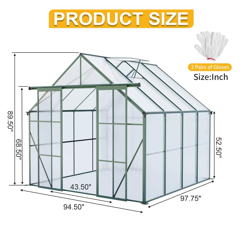 GDF Studio - Kensington Outdoor Aluminum Polycarbonate Greenhouse with Double Sliding Doors and Raised Base