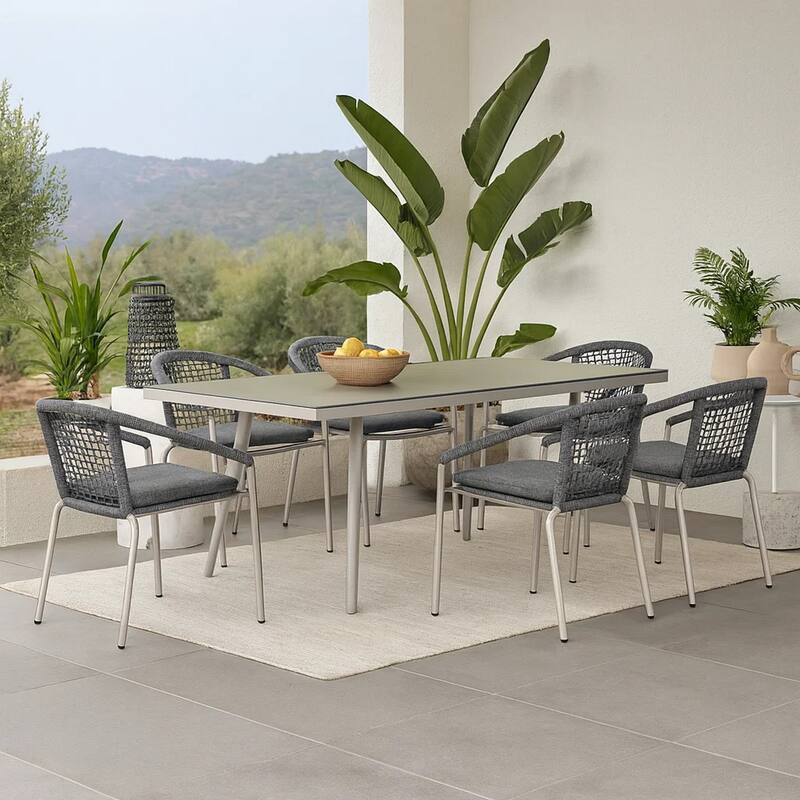 Phil 7 Piece Dining Set, Slate Gray Woven Rope, Sturdy Aluminum Frames