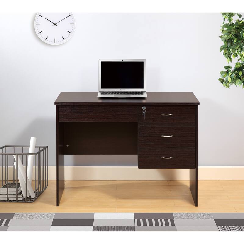 Three locking drawers on metal glides Student Desk Work Desk Modesty Panel Metal Bar Handles - Brown