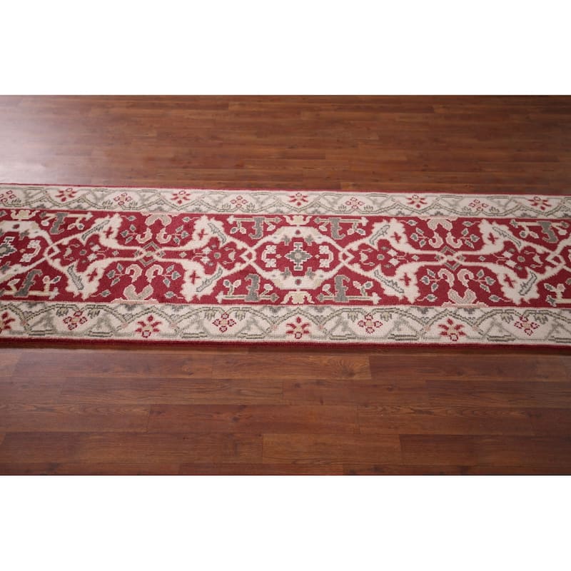 Red Oushak Indian Runner Rug Hand-Knotted Transitional Wool Carpet - 2'7"x 9'8"
