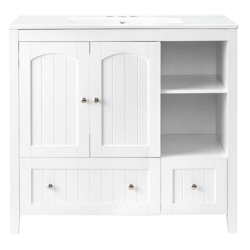 Modern Lacquered Bathroom Organizer Cabinet with Two Drawers and Dual Doors for Storage - 35.82”(H) x 18.11(W) x 32.28 (D)