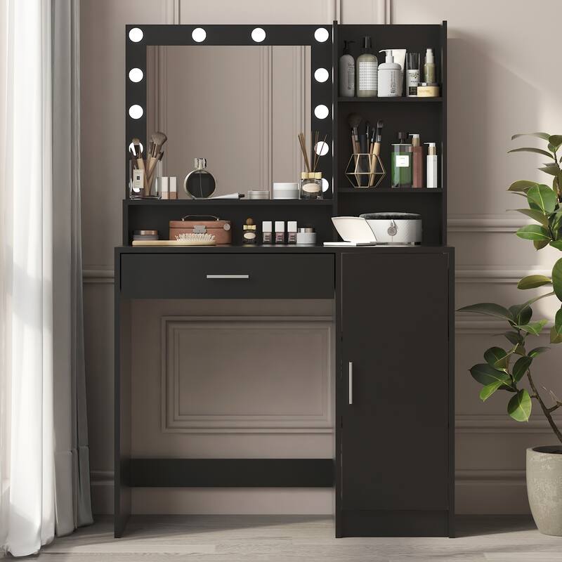 Anmytek Black Lighted Mirror Vanity Desk with Storage, 3 Lighting Modes Adjustable Brightness