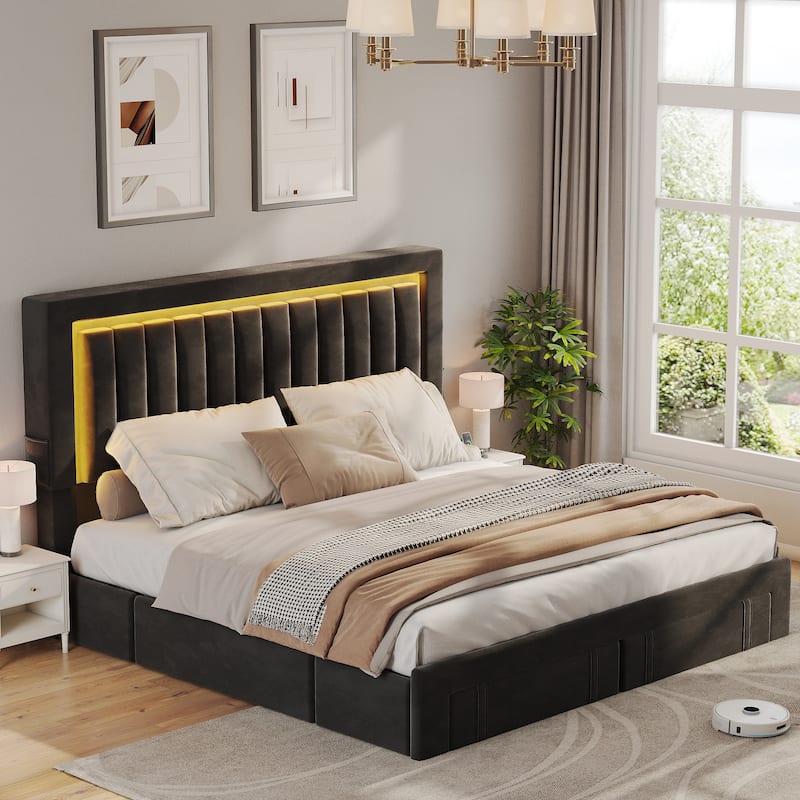 Velvet Upholstered Platform Bed Frame with Adjustable Headboard and 4 Storage Drawers & RGB LED Lights