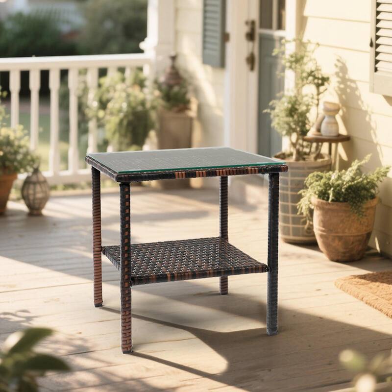 Square Outdoor Tea End Table Wicker Rattan Steel Frame with Tempered Glass Patio Balcony Garden - 17.52" L x 17.52" W x 18.5" H