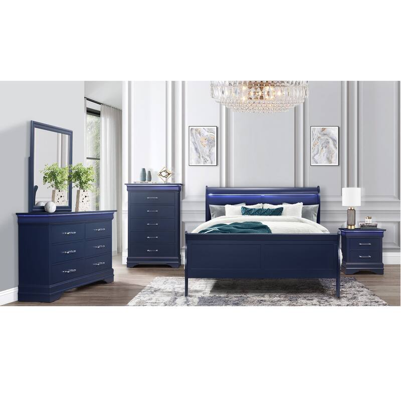 Twin Size Solid Wood Sleigh Bed with LED Lighting and Transitional Design