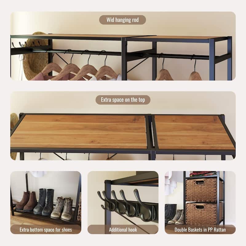 Acacia Wood Garment Rack: 2 Wicker Drawers, 4 Hooks, Shelves - Heavy Duty Freestanding Closet Organizer