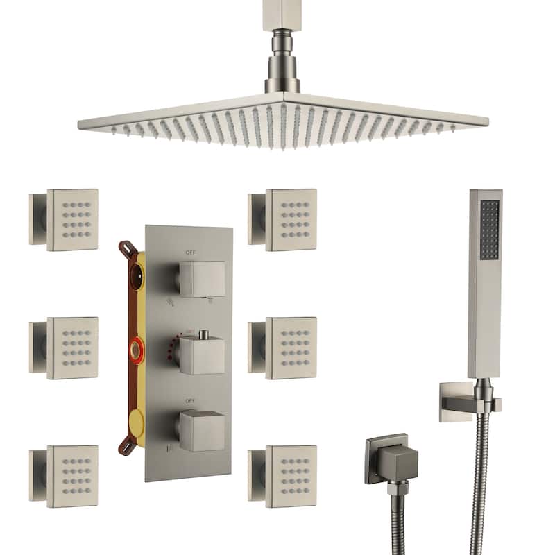Celling 12 inch LED 3 Function Thermostatic Shower System with 6 Body Jets
