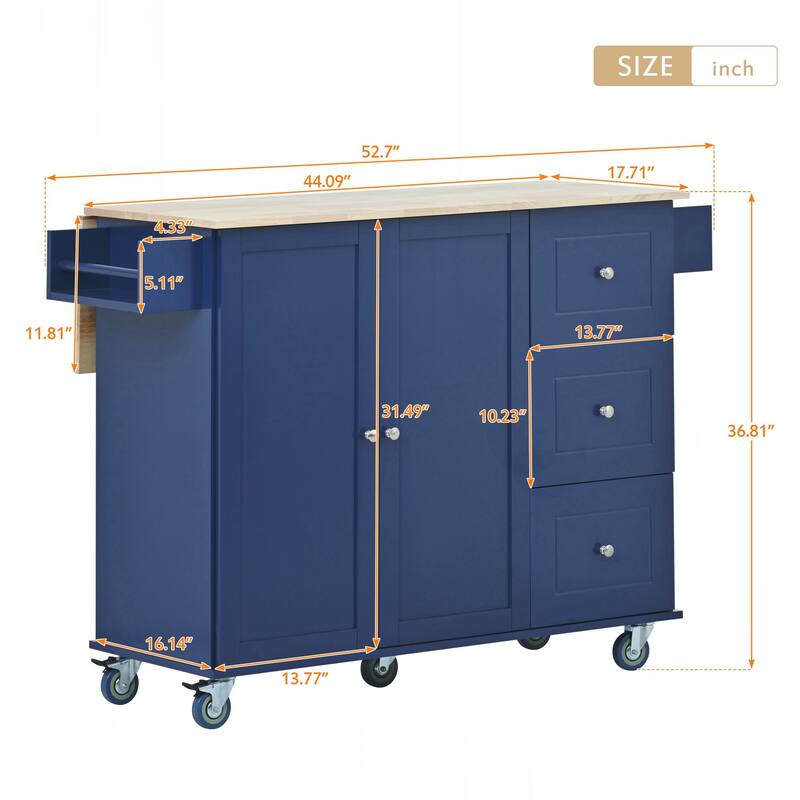 Rolling Mobile Kitchen Island with Drop Leaf - Solid Wood Top - Blue