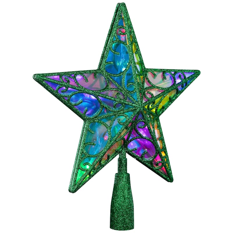LED Lighted Glittered Star Christmas Tree Topper - 11" - Green - Multicolor Lights