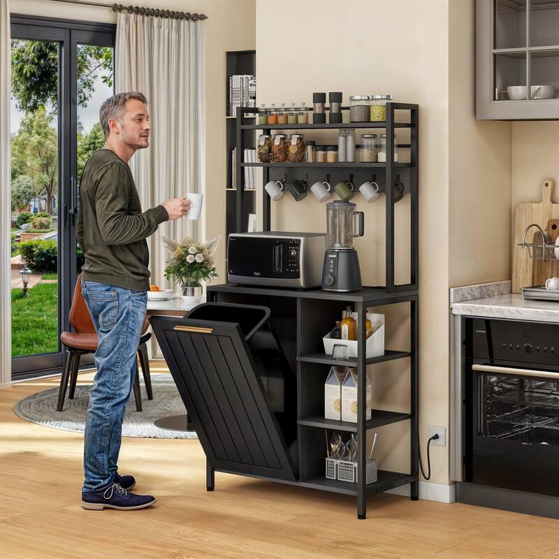Moasis 6 Tier Kitchen Bakers Rack with Storage Shelves, Kitchen Organizer with Trash Can Bin Cabinet