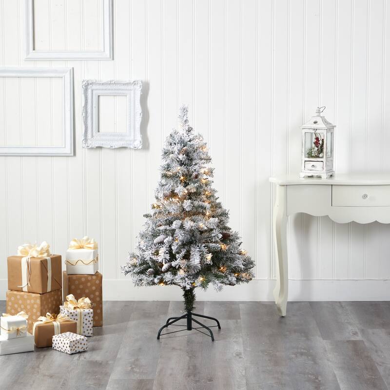 4ft. Flocked Pine Artificial Christmas Tree with Pinecones & 100 Clear LED Lights - Charming Winter Holiday X-Mas Tree