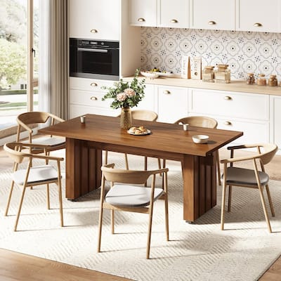 70.1'' Farmhouse Dining Table, Rustic Rectangle Wood Kitchen Table with Fluted Pedestal Base