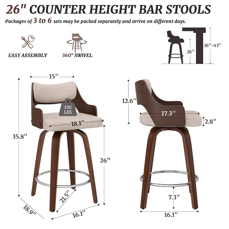 26.in Counter Height Stool Swivel Wooden Faux Leather Bar Stool with Curved Back