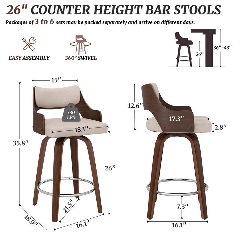 Modern Swivel Bar Stools with Curved Wood Back Upholstered Armrest Counter Stool