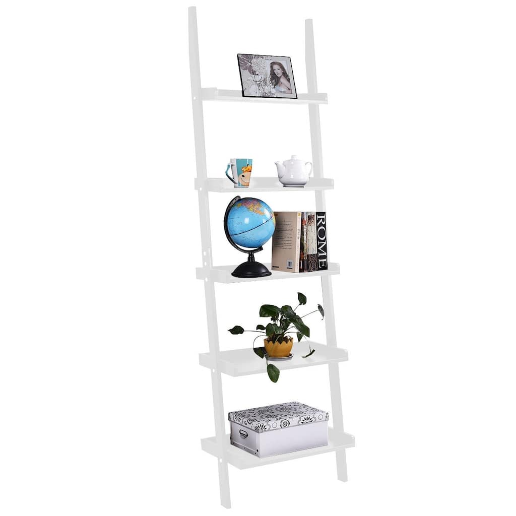 5-Tier Leaning Wall Display Bookcase-White - 22.0" x 12.8" x 74.8"(L x W x H)