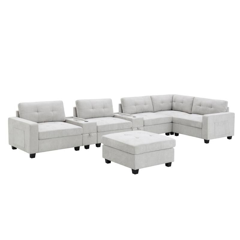 L-shape Chenille Sectional Sofa with 2 Acrylic Consoles Table Top, USB Charger, 2 Drawers, Pockets and Ottoman for Living Room