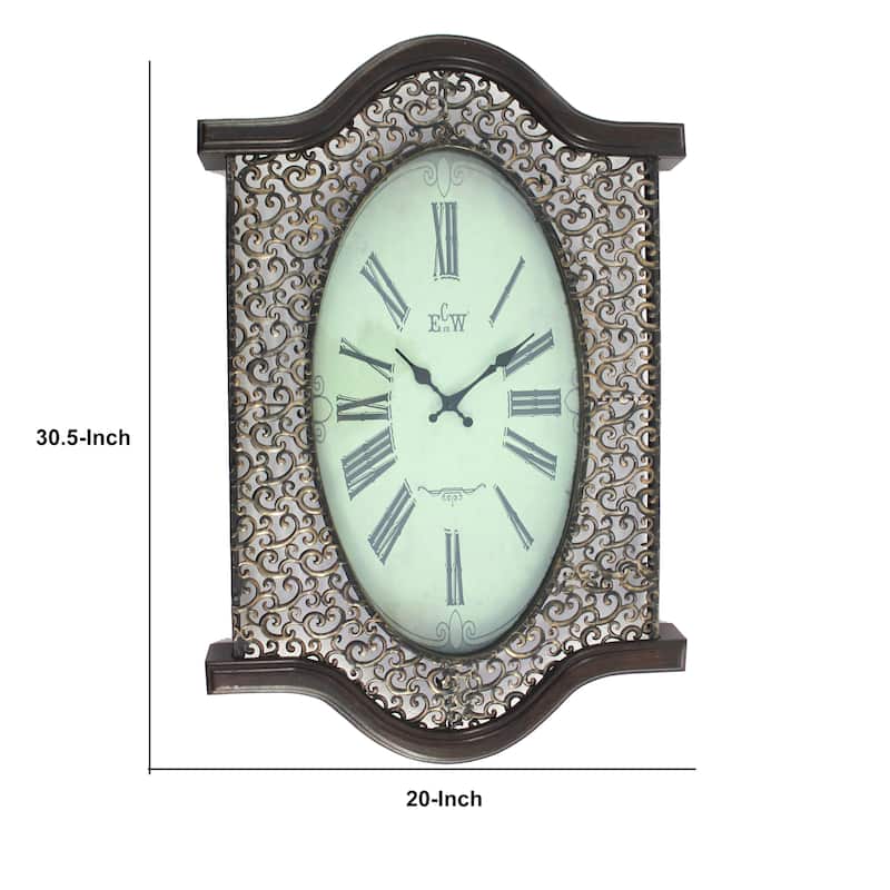 Wall Clock with Scalloped Wooden Top and Bottom, Brown